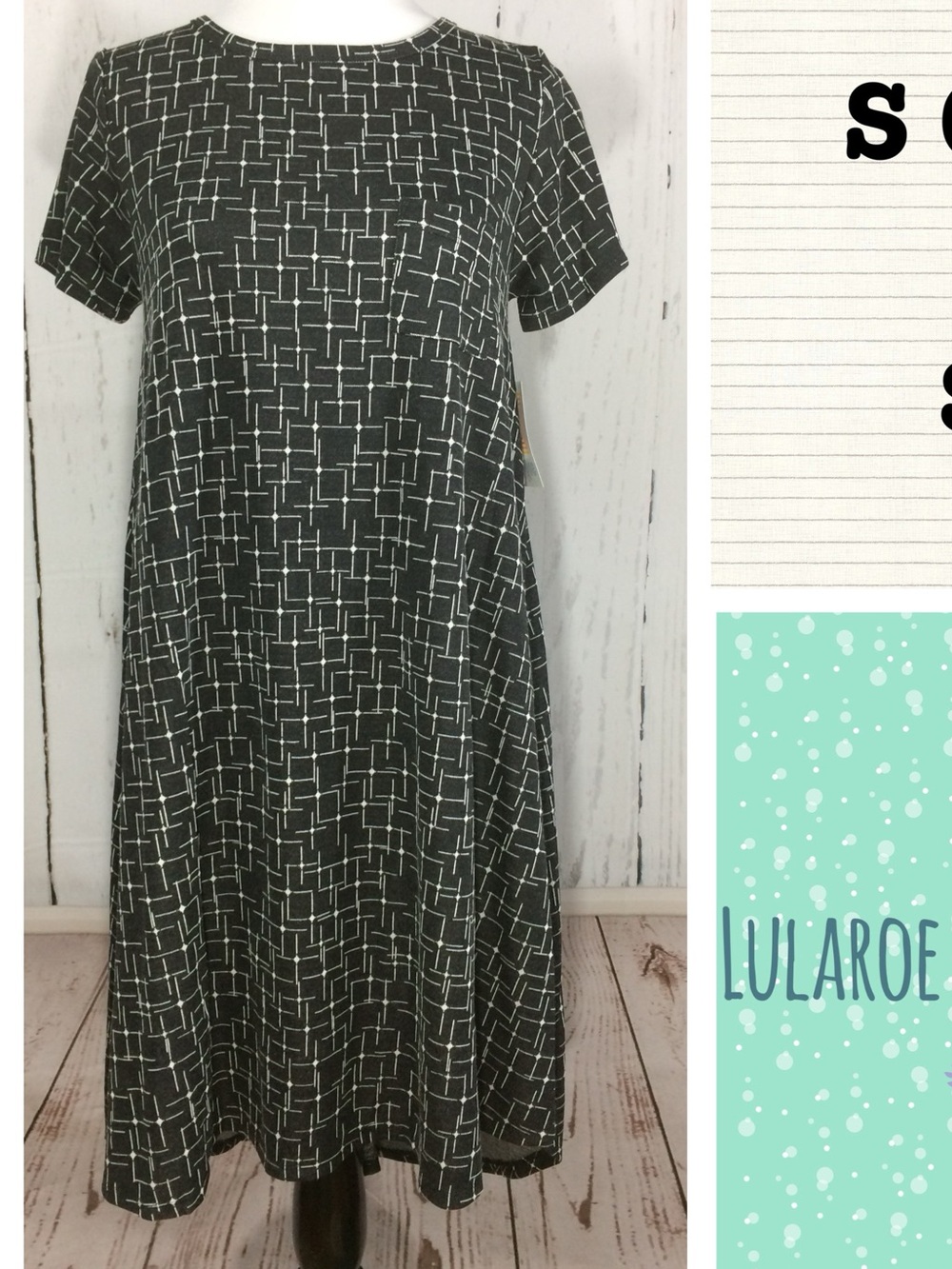LuLaRoe Carly Dress in Black with White Grid Line Pattern